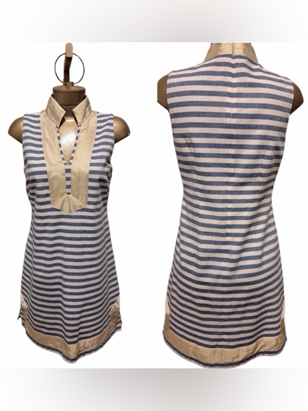 NWOT- Eliza J Blue & White Striped Sleeveless Shift Dress with Gold Trim - Picture 2 of 9